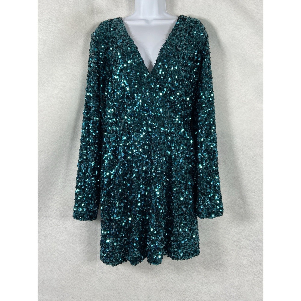 Lulus Sequin Dress Women's XL Green Sheath V-Neck Long Sleeve New
